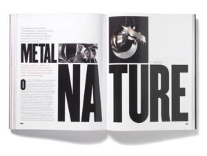 Mise en page éditoriale contrastée avec le titre géant « METAL NATURE »
