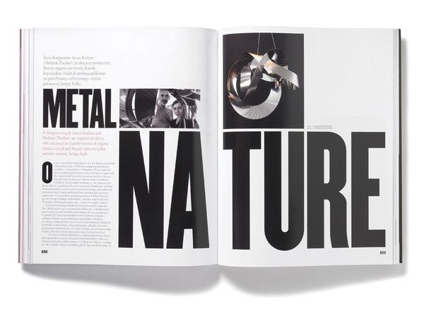 Mise en page éditoriale contrastée avec le titre géant « METAL NATURE »