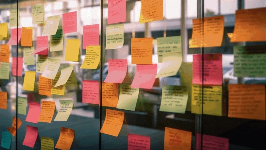 Mur vitré couvert de notes autocollantes colorées pour un atelier créatif